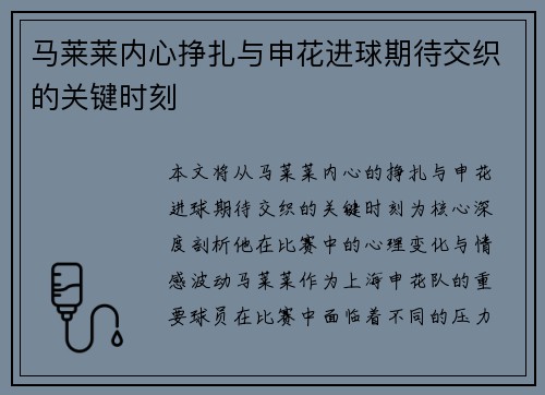 马莱莱内心挣扎与申花进球期待交织的关键时刻